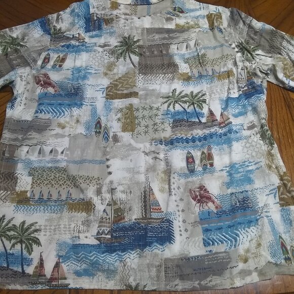 'palms and boats"  Themed Men's Button Up Shirt - Picture 1 of 3